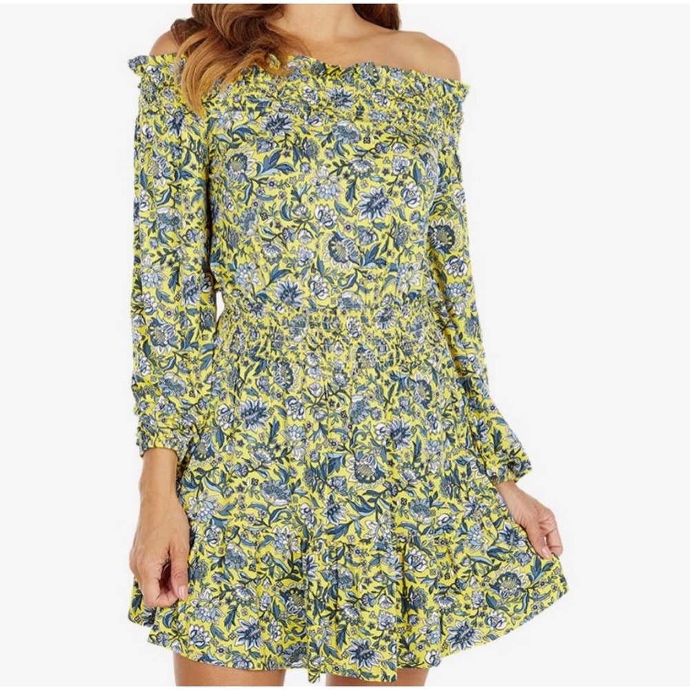 Michael Michael Kors Saturated Fleur Print Off-Shoulder Smocked Mini Dress Small